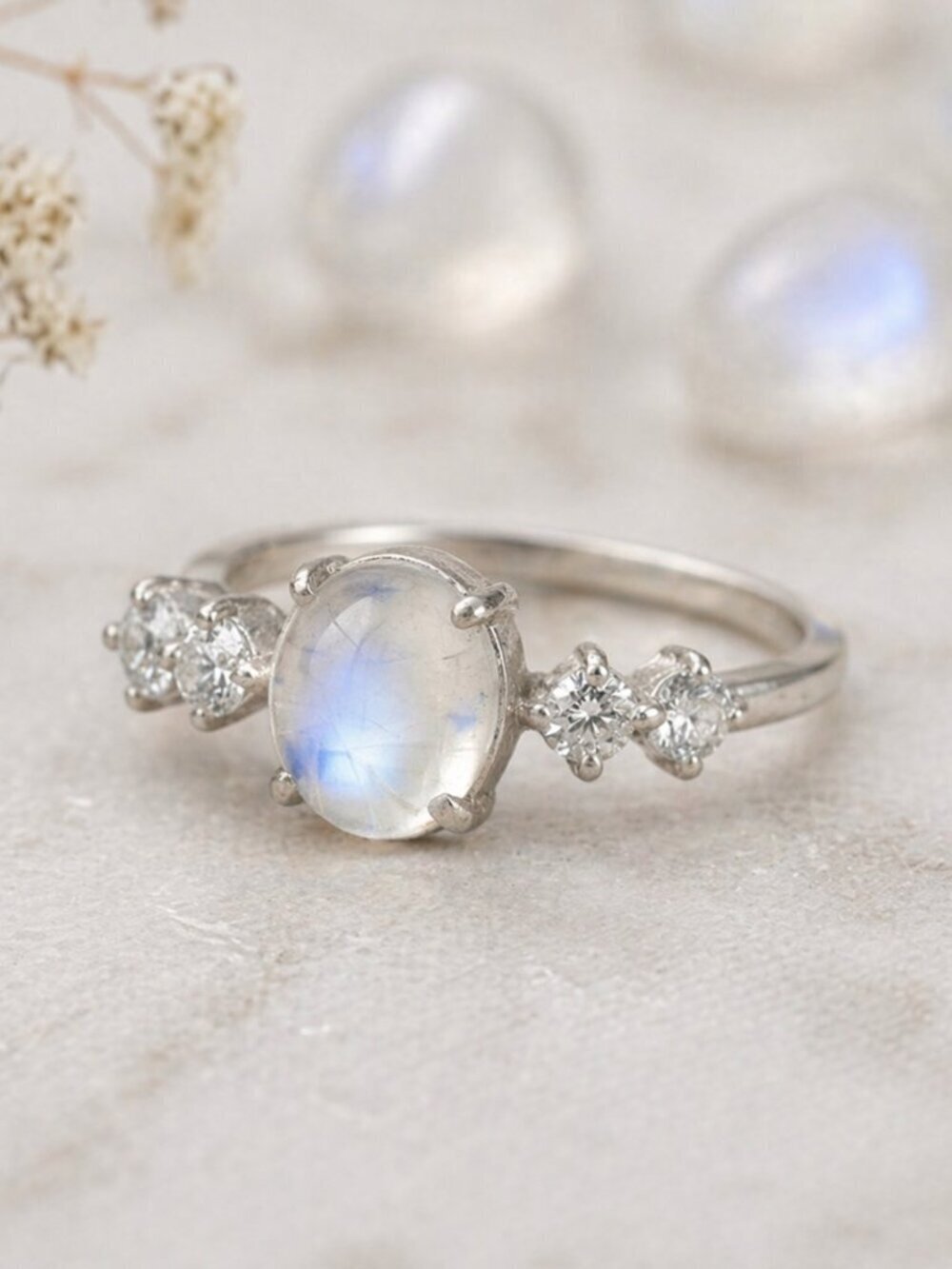 Celestial Dainty 925 Silver Genuine Moonstone CZ Minimalist Ring Size 7 - Picture 10 of 15